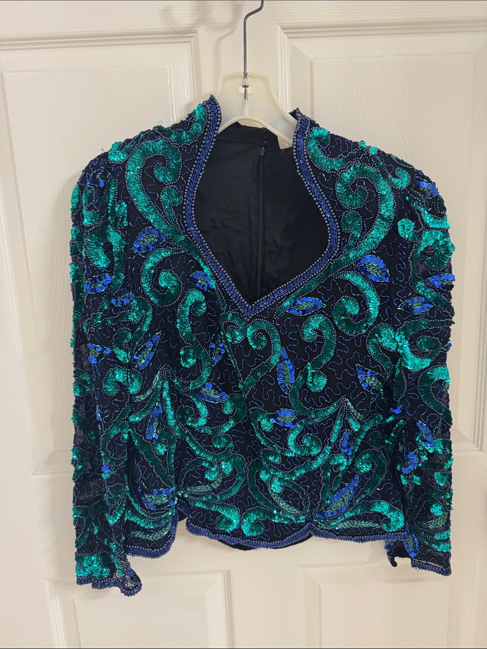 Retro Embellished blue and teal Sequin Long-Sleeve Top